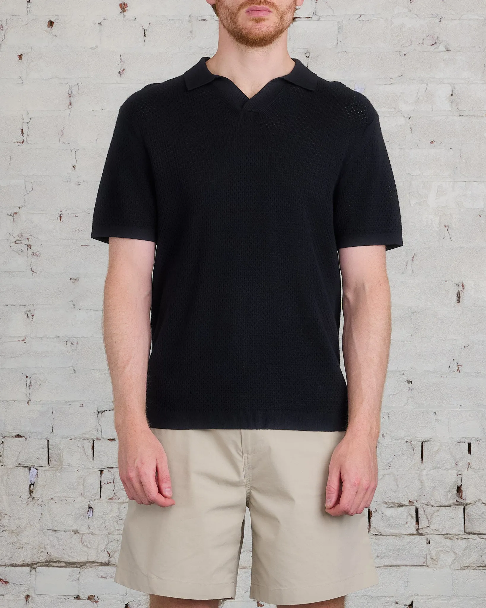 Reigning Champ Knit Cotton Linen Victor Polo Shirt Black